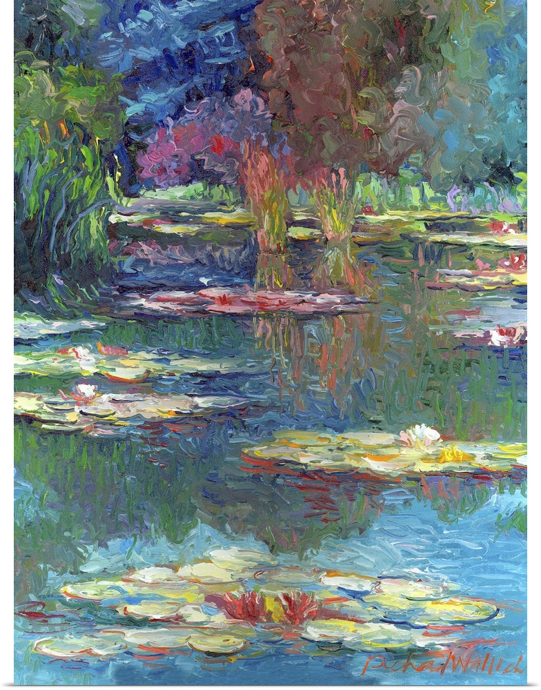Contemporary colorful painting of waterlilies in a pond.