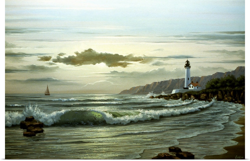 Contemporary painting of waves crashing on the coastline at twilight, with a lighthouse and boat in the distance.
