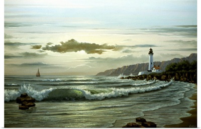 Waves Coming In On Shore, With A Lighthouse And Sailboat In The Distance
