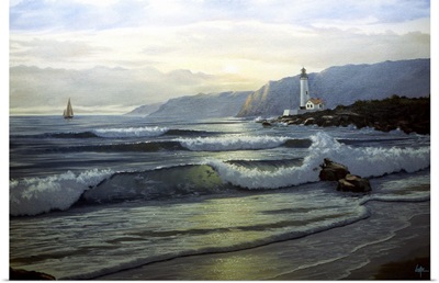 Waves Coming In On Shore, With A Lighthouse In The Distance