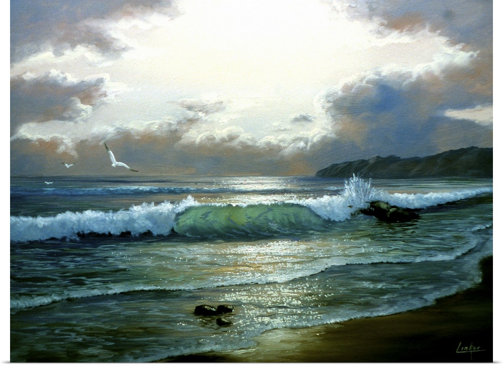Contemporary painting of waves crashing by the beach, with clouds parting.