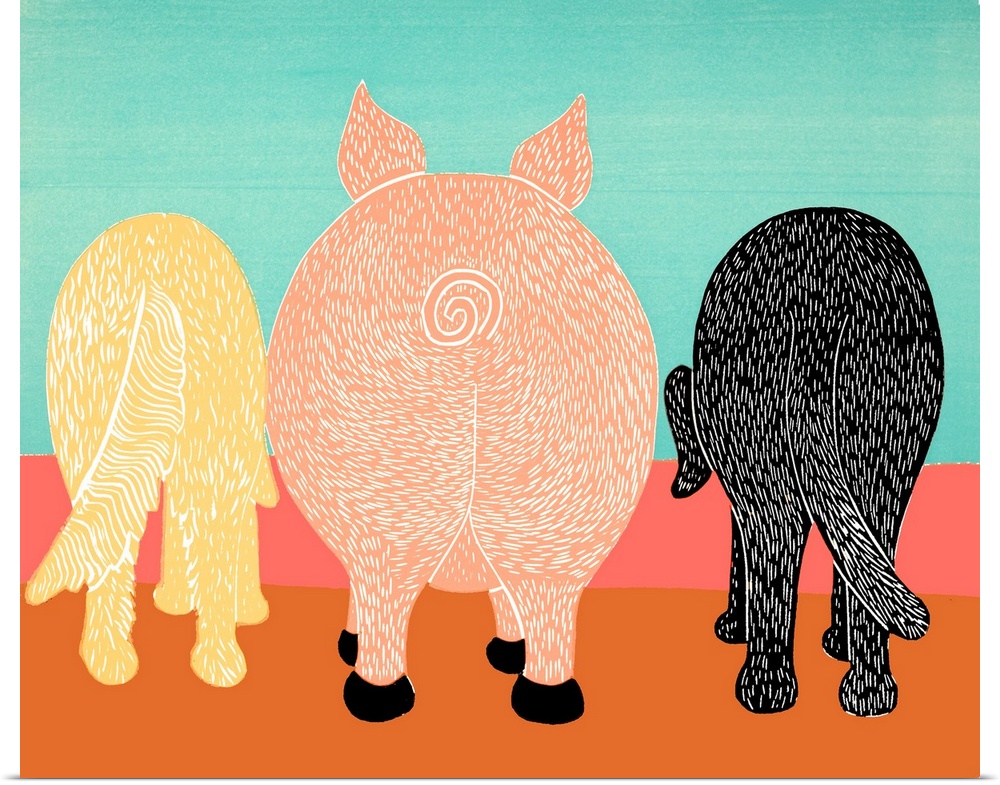 Illustration of a golden retriever, pig, and black lab from the back.