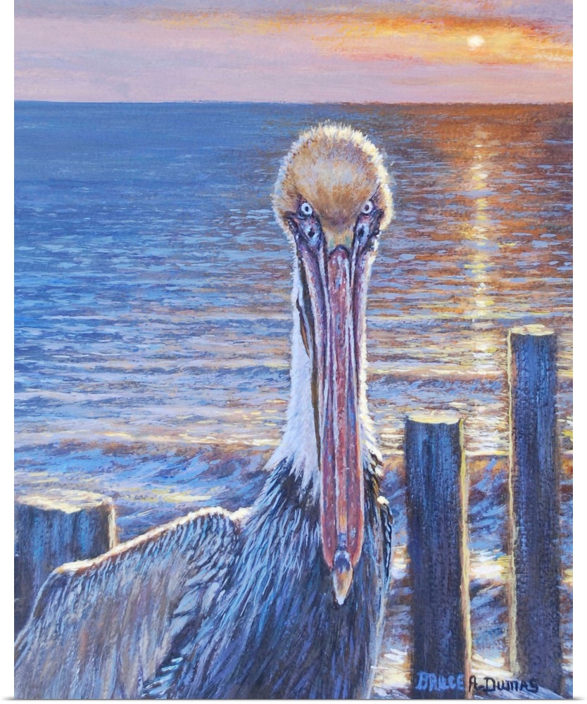 Contemporary painting of a pelican on the beach at sunset, next to some wooden posts.