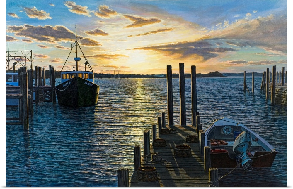 Contemporary painting of Westport Harbor, MA at sunrise with boats.