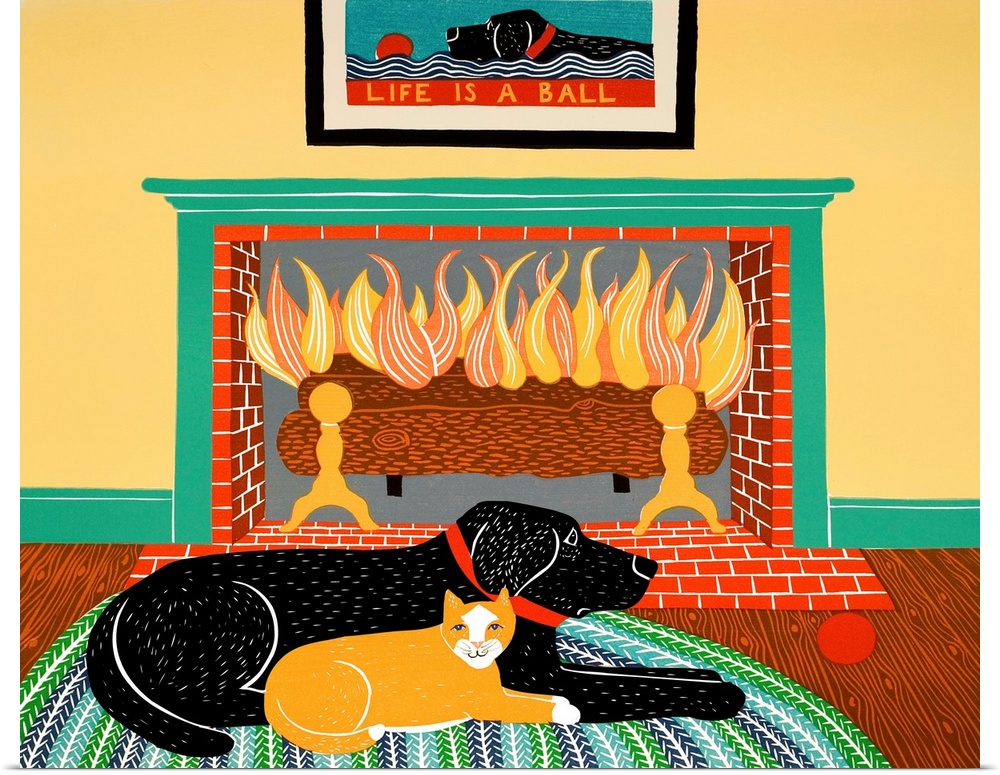 Illustration of a black lab laying on a rug in front of a fireplace with an orange cat.