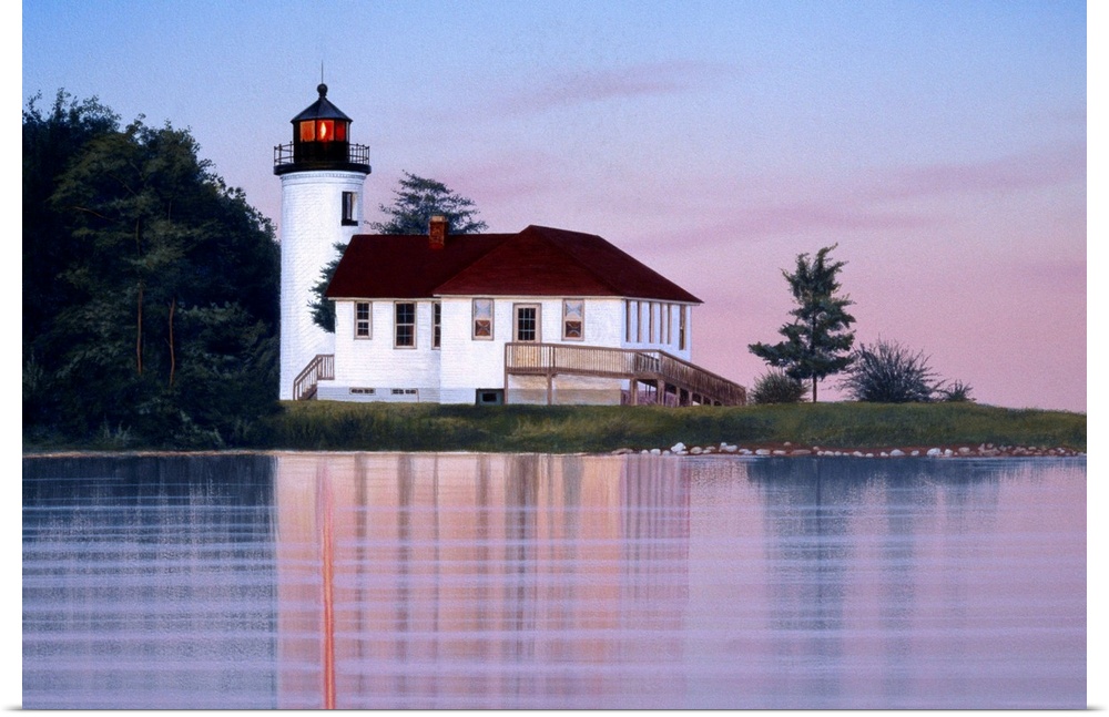 A white lighthouse and house at sunset (or sunrise).