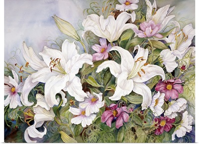 White Lilies And Mixed Colored Cosmos
