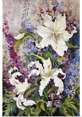 White Oriental Lilies and Pink And Purple Delphinium