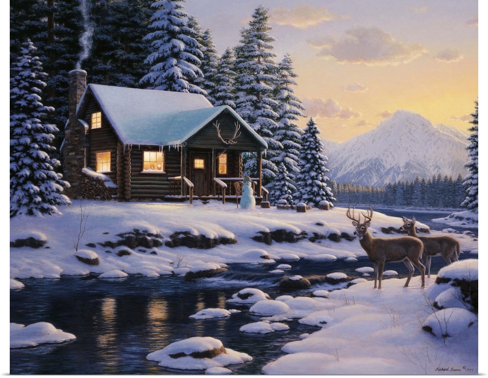 Contemporary painting of a cabin in the wilderness in winter.