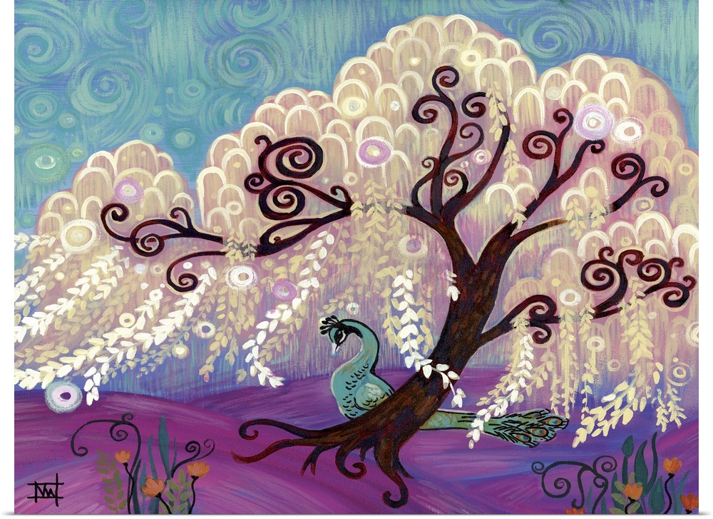Contemporary painting of a willow tree with flowing white branches.