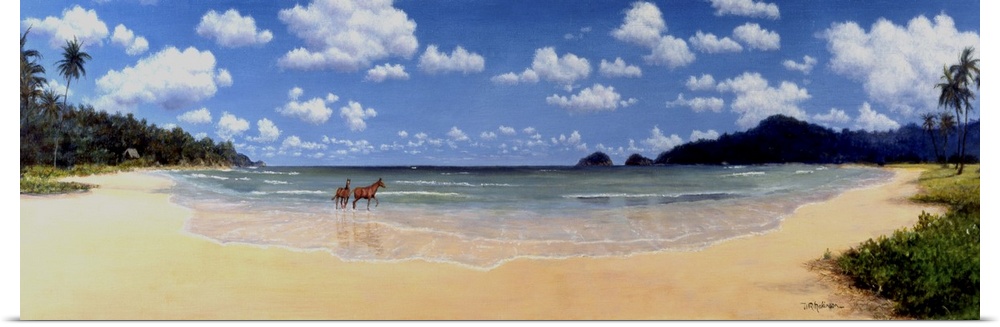 Horses in surf on tropical beach.