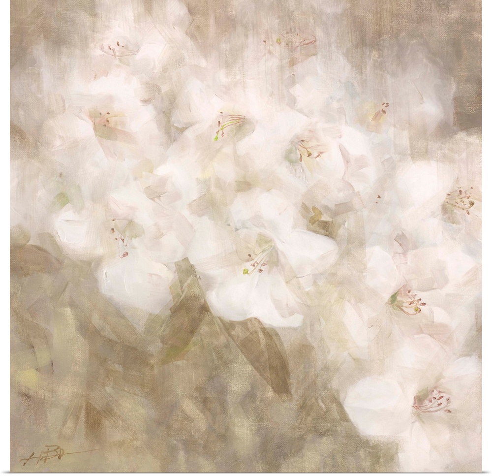 Contemporary painting of a group of white flowers.