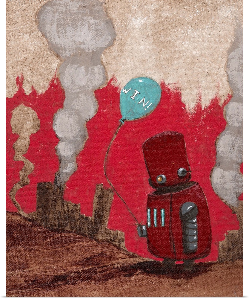Illustration of a red robot standing among rubble, holding a blue balloon.