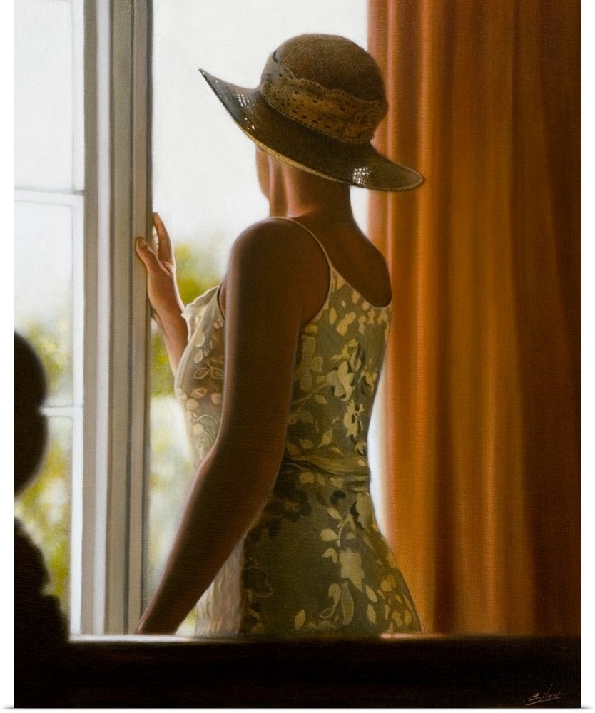 Contemporary painting of a woman wearing a hat standing at a window and looking out.