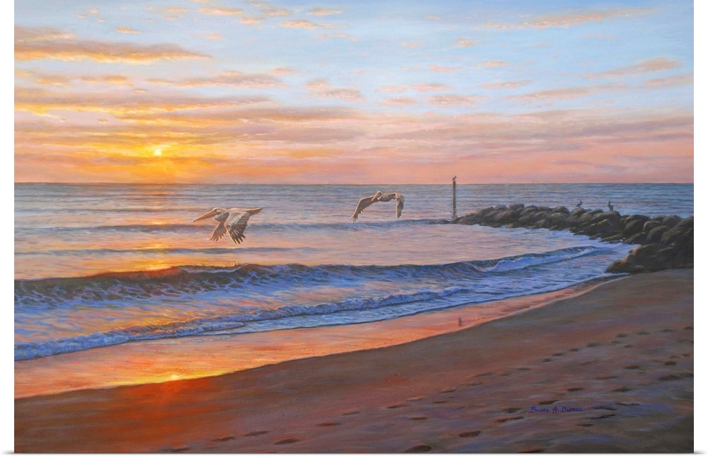 Contemporary artwork of a beach at sunset with pelicans.