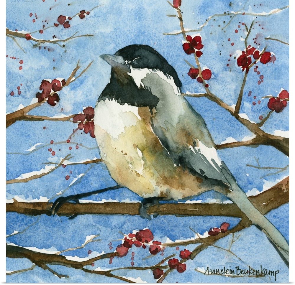 Contemporary watercolor painting of a chickadee perched on a tree branch in the snow.