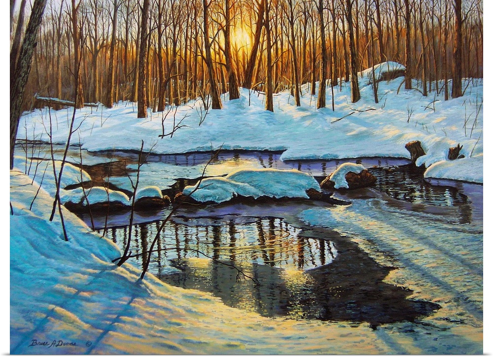 Contemporary artwork of a Forest scene with partially frozen brook at sunset.