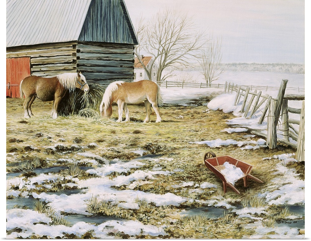 Contemporary artwork of two ponies in a snowy corral.