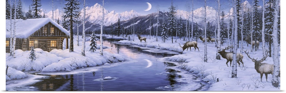 a herd of elk grazing at dusk next to a brook with a log cabin across the brook, moon