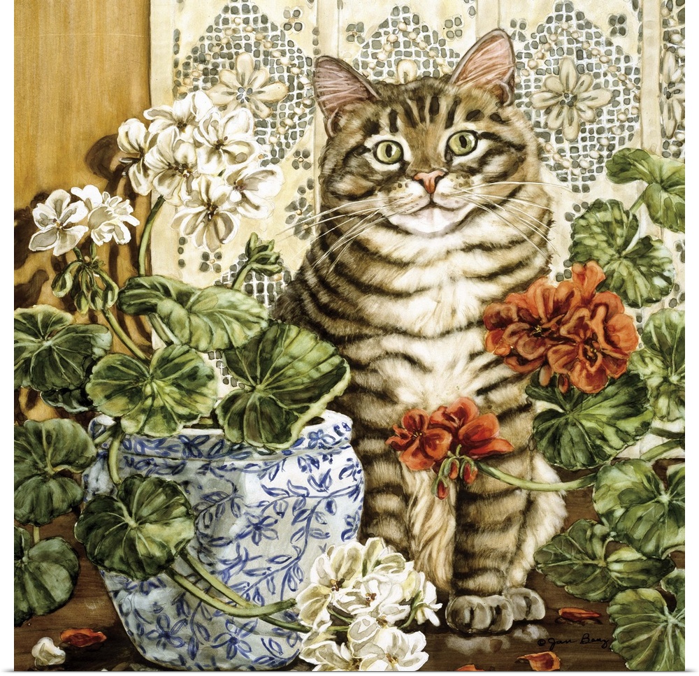 Contemporary painting of a cat sitting, on a table with flowers in vases.