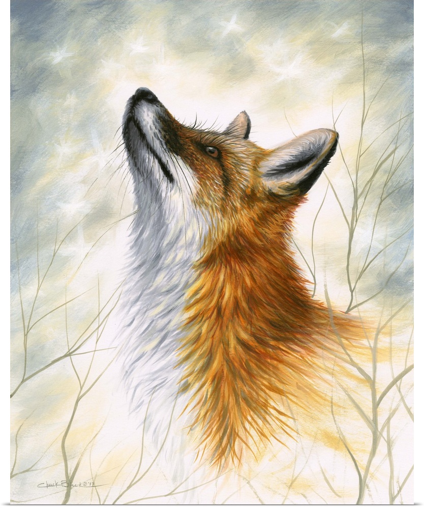 Contemporary painting of a fox looking up with branches surrounding him.