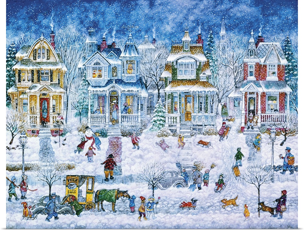 A winter street scene filled with Victorian homes, a horse and carriage and many people.