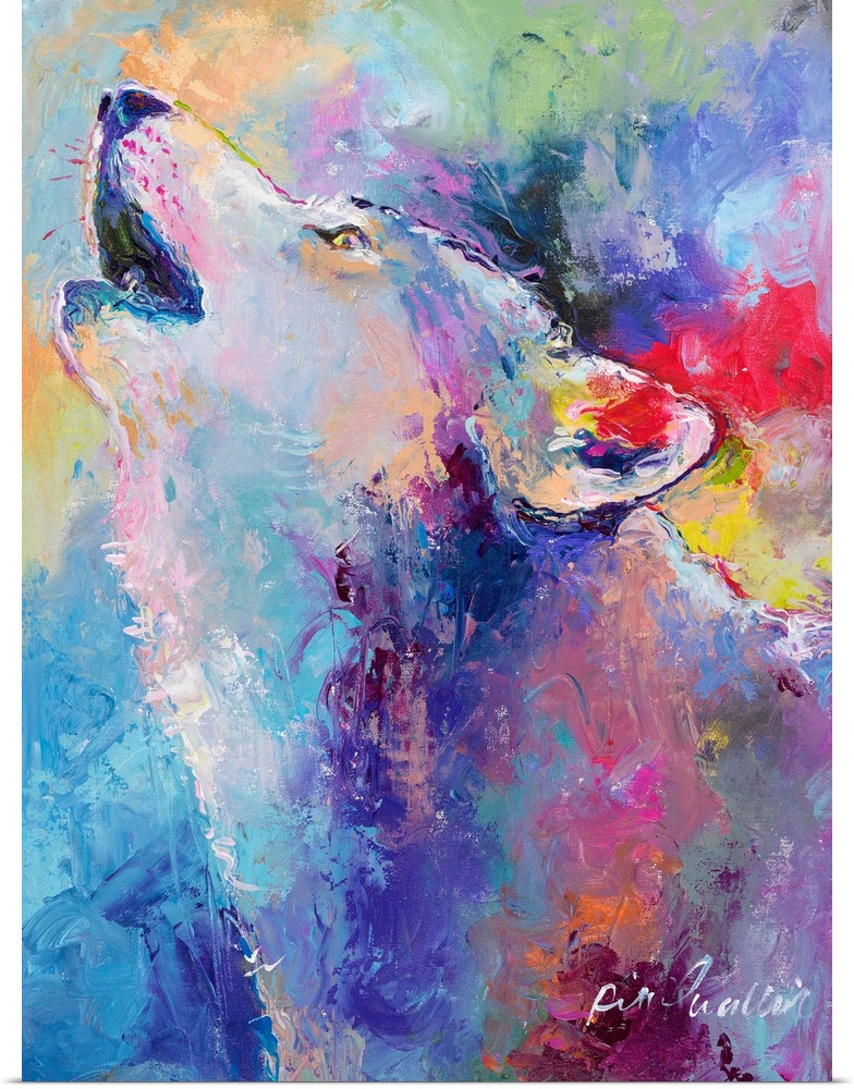 Colorful abstract painting of a wolf howling towards the sky.