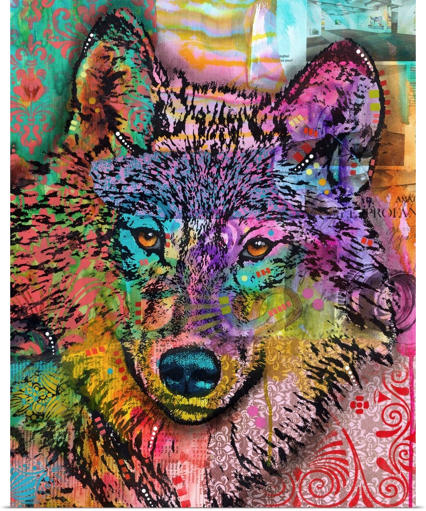 Colorful illustration of a wolf on a collage background with strips of paper covered in abstract designs.