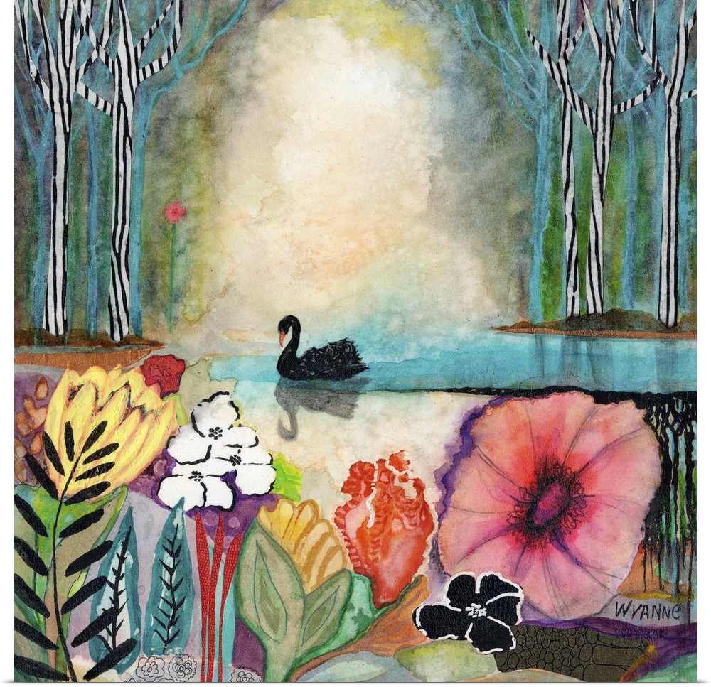 A black swan in a pond with colorful flowers in the foreground.
