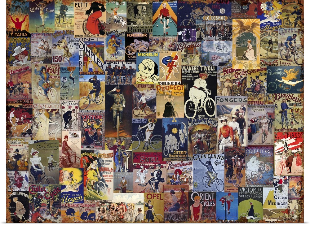 Collage made of vintage posters of bicycle races and advertisements.