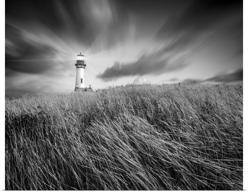 lighthouse, field, clouds, sky, black and white photograph