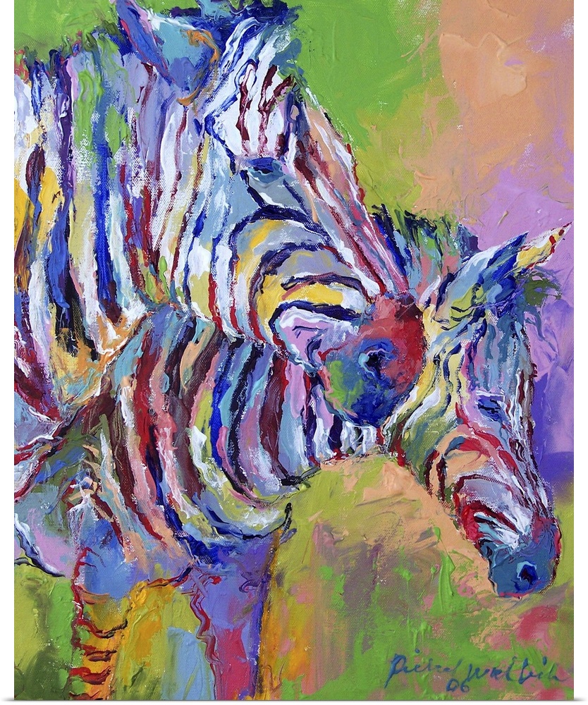 Contemporary vibrant colorful painting of two zebras.
