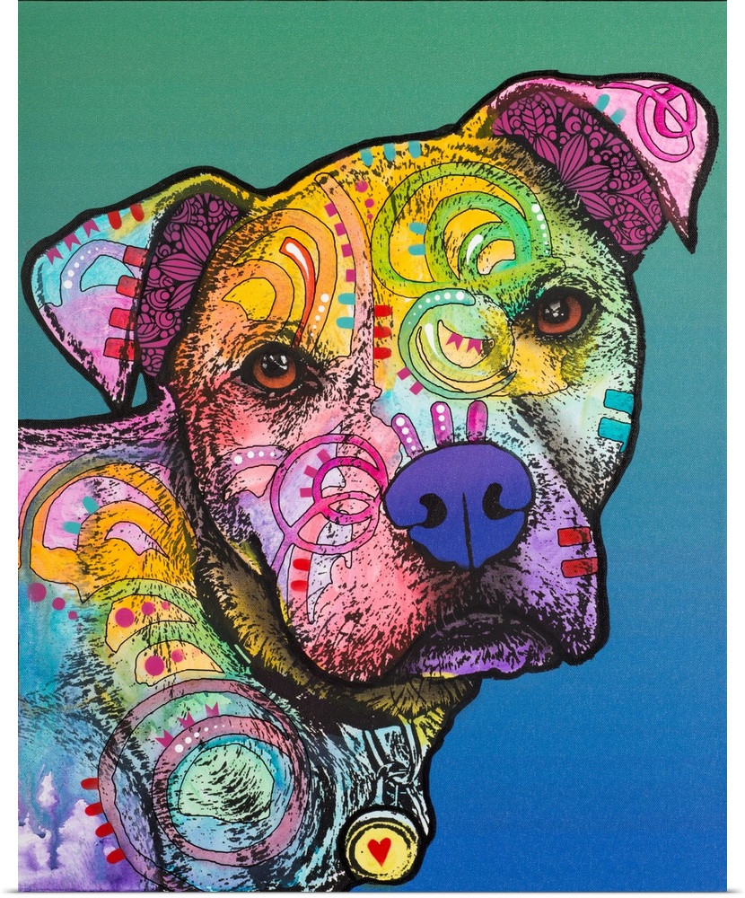 Colorful illustration of a pit bull with abstract designs all over its body on a green and blue background.
