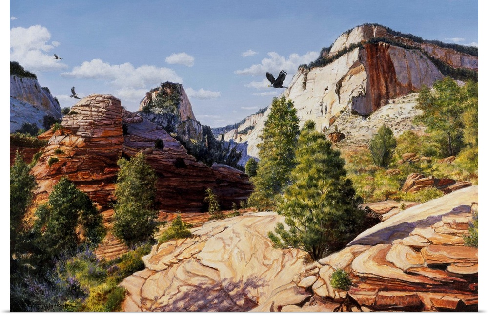 Contemporary painting of a rocky desert landscape.