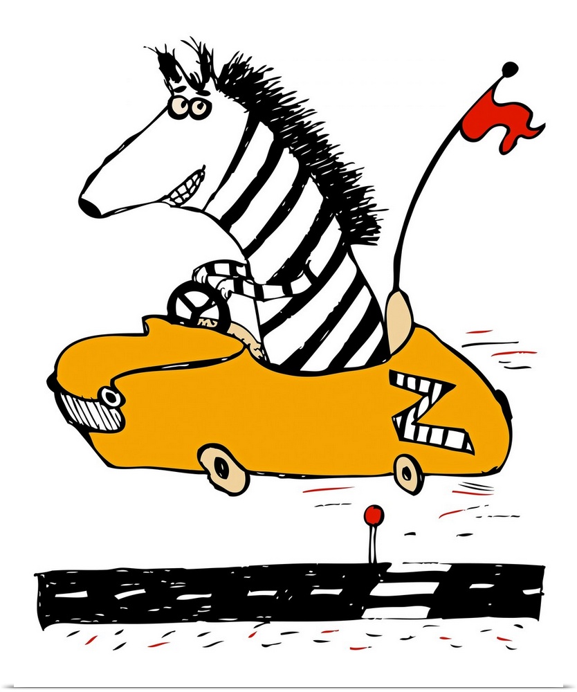zebra, car, race, red flag,
