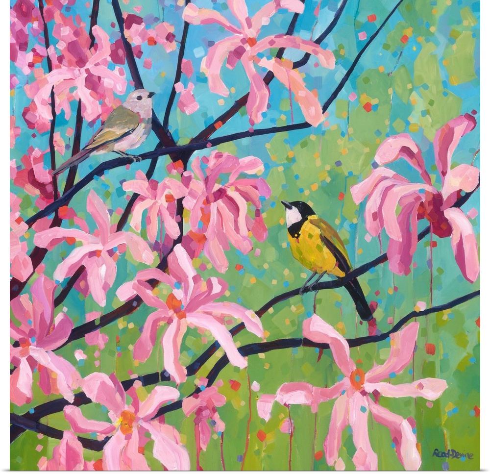 Male and female birds sitting in branches of pink and white magnolia tree, painted with eye catching brushstrokes in a con...