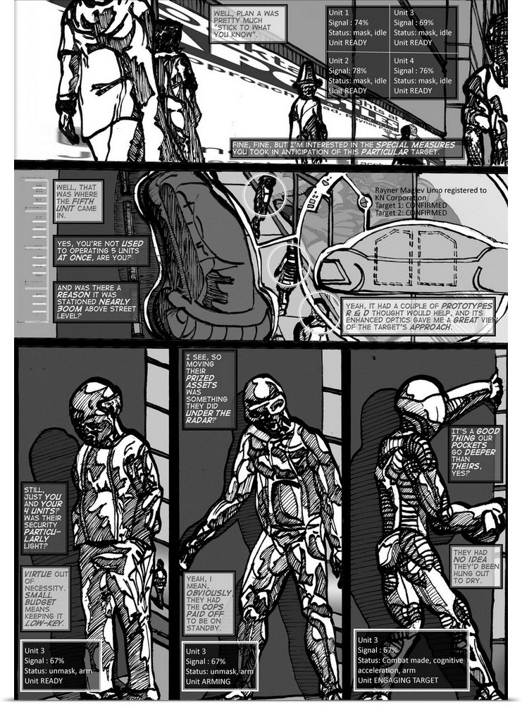 Cyberpunk comic page with robots in a futuristic urban setting.