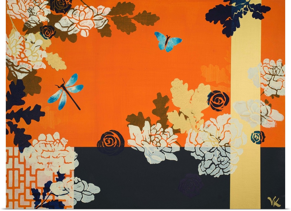 Painting of dragonfly and butterfly in peony garden with ivory and navy screen and tangerine background.