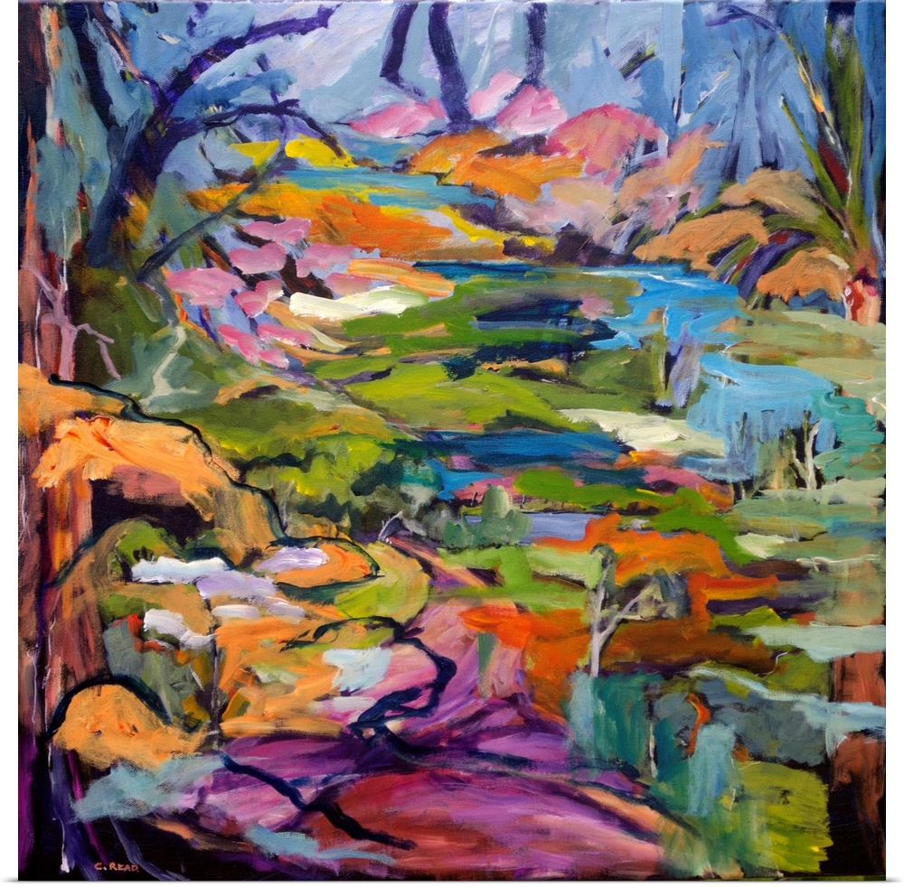A contemporary and abstracted tranquil river scene with deep blues and pinks.