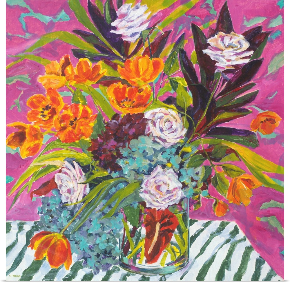 A contemporary still life of florals in blue, burgundy, and green.