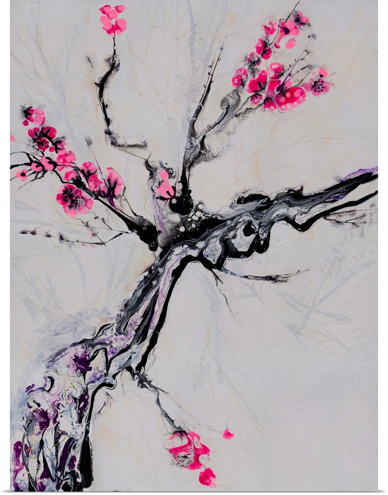 Close-up of a tree branch in pouring technique, accentuated by thin black brushstrokes and airy pink paint marks.
