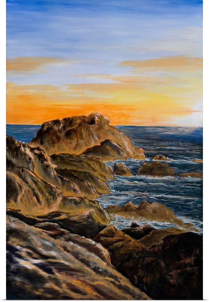 Painting of Coffs harbour beach at sunrise using bright colors and balanced composition to create the feeling of joy.