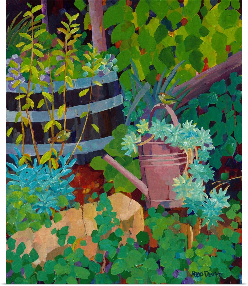 Painting of two little brown birds in a garden with succulents planted in a watering can and a barrel.