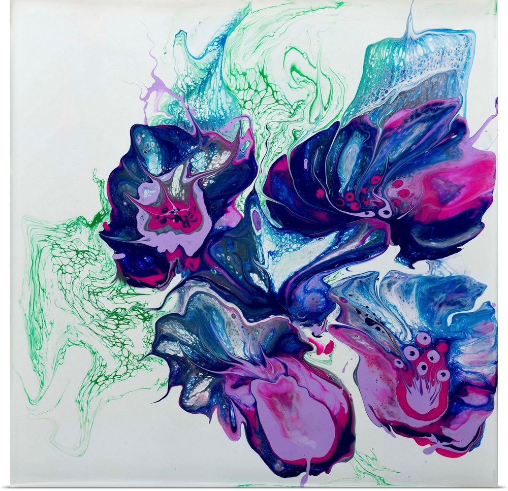 Pour painting of abstract flowers with blue, purple and green colors on a white background for contrast.