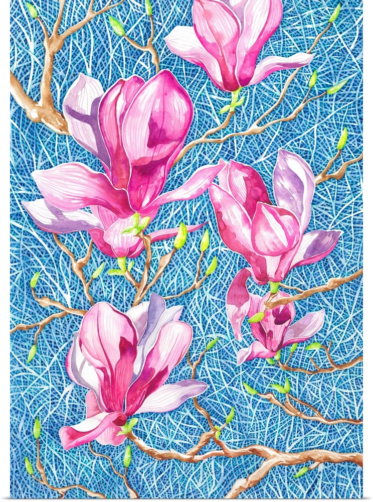 Beautiful pink magnolia flowers blooming in the clear blue sky, tried to capture the dreamy pink color in the watercolor o...