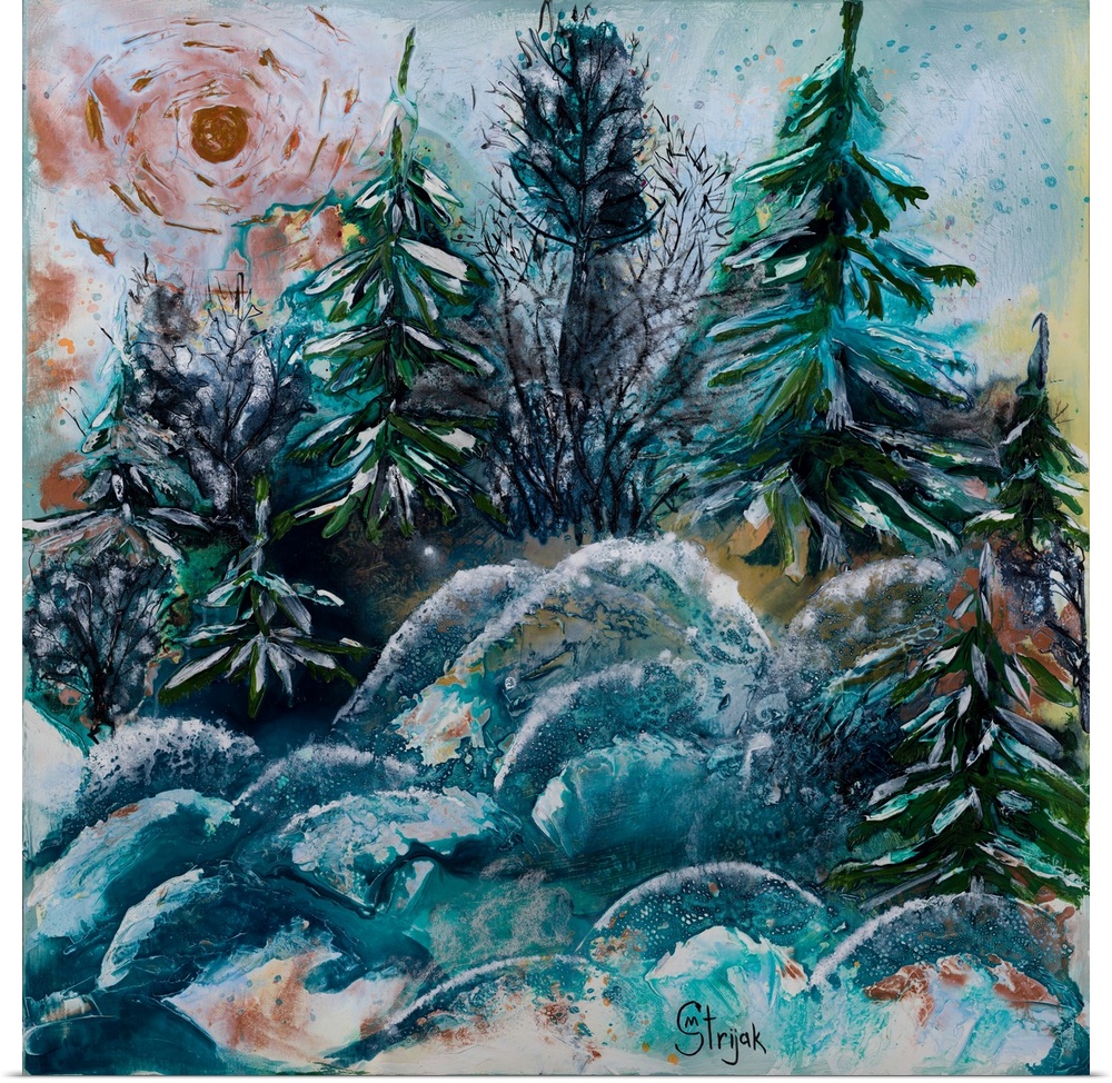 Painting of the evergreen pine trees in a snow-covered forest, gleaming in the sunlight with emerald colors.