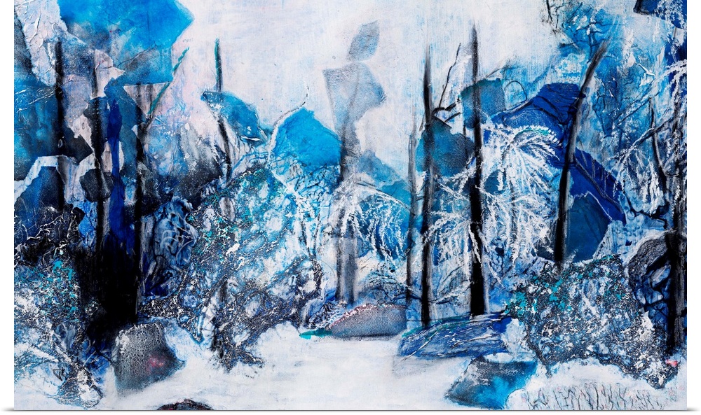 Painting of a winter landscape with the naked trees lurking in blue shadows amidst the heaps of snow shimmering with silver.