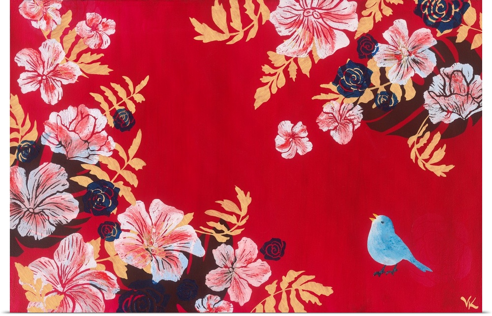 Painting of blue bird singing in a garden of hibiscus against red background.