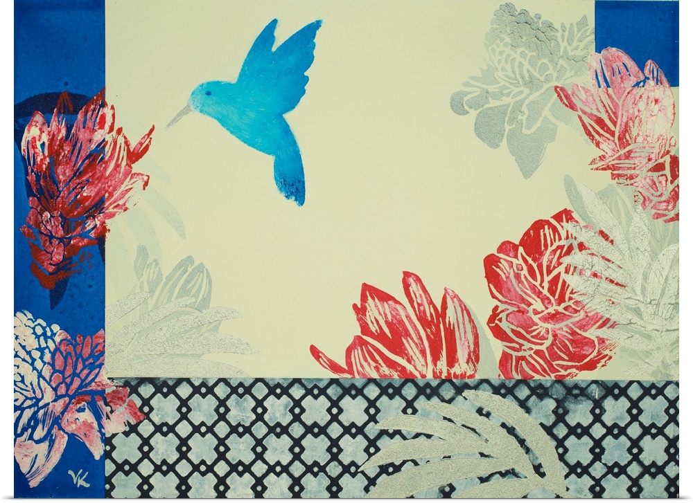 Painting of hummingbird in garden of ginger flowers with ivory background and cobalt accents.