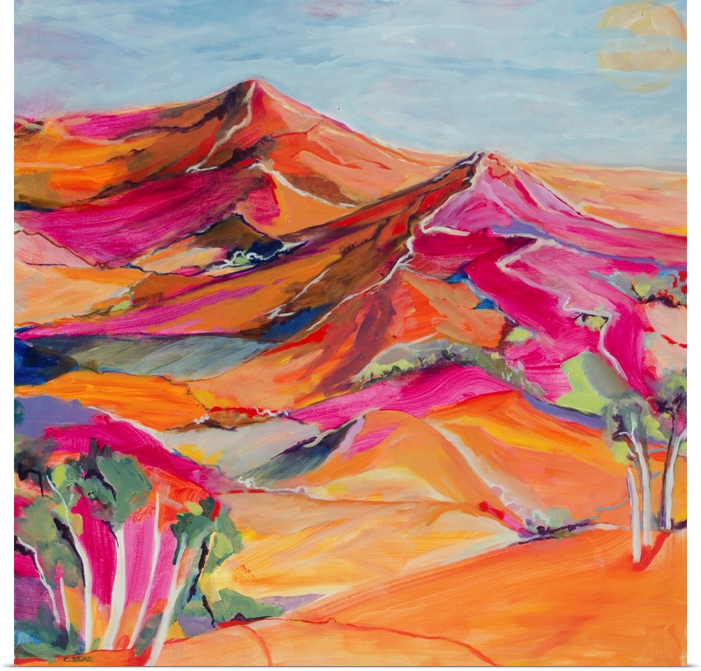 A painting of the outback in bright reds and pinks.